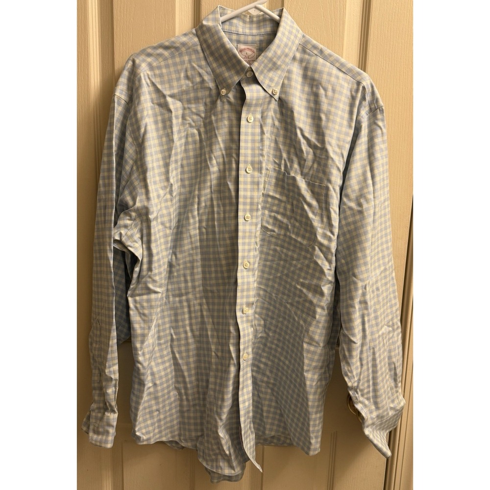 Brooks Brother 346 Blue Checkered Button Down Non Iron All Cotton Pocketed Large